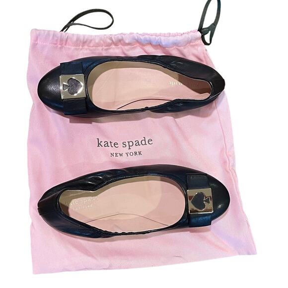 Kate Spade Maline Black Bow Leather Ballet Flats, Gold Spade Detail, Size 6.5M - Picture 8 of 8